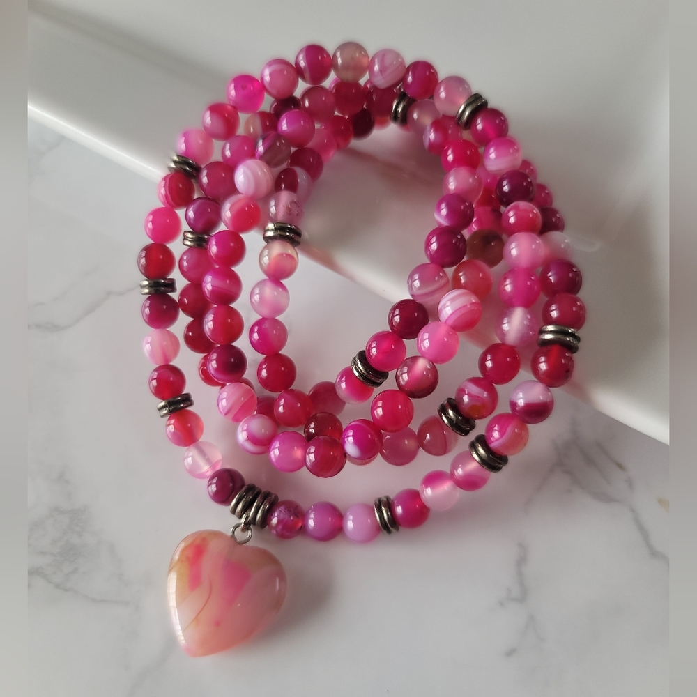 Pink Agate Bead Necklace Prayer Beads